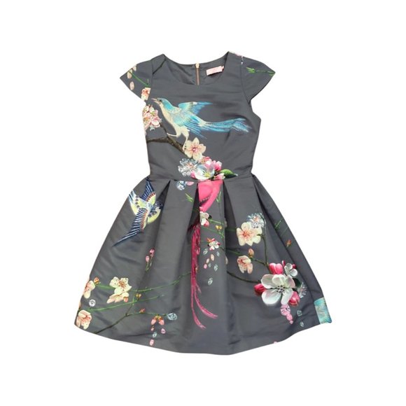 Ted Baker Gray Bir Print Dress Size 0 US size 2 - Picture 3 of 8
